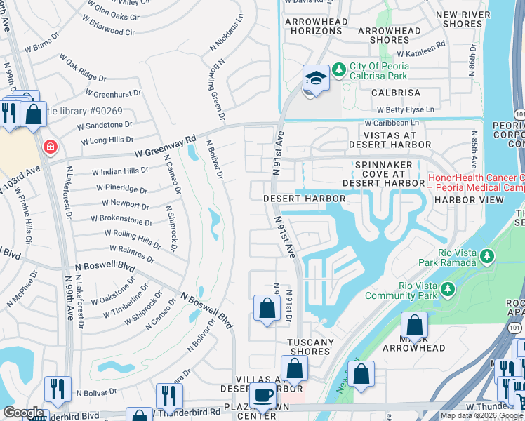 map of restaurants, bars, coffee shops, grocery stores, and more near 9127 West Port Royale Lane in Peoria