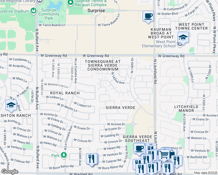 map of restaurants, bars, coffee shops, grocery stores, and more near 14237 North 142nd Drive in Surprise