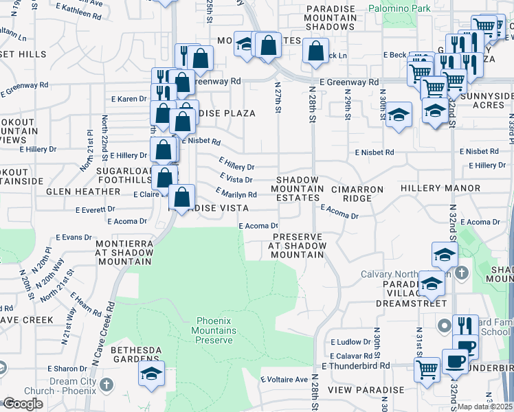 map of restaurants, bars, coffee shops, grocery stores, and more near 2607 East Claire Drive in Phoenix