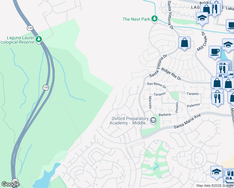 map of restaurants, bars, coffee shops, grocery stores, and more near 5309 Cantante in Laguna Woods