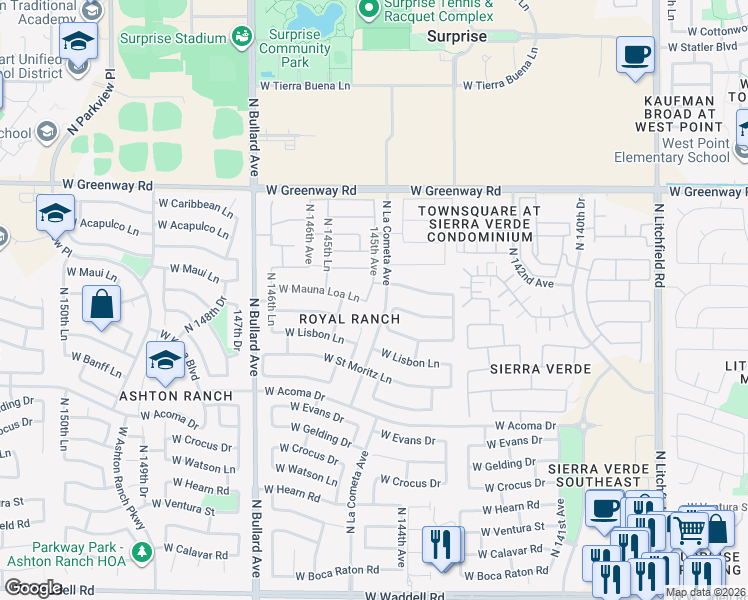 map of restaurants, bars, coffee shops, grocery stores, and more near 14935 North 145th Avenue in Surprise
