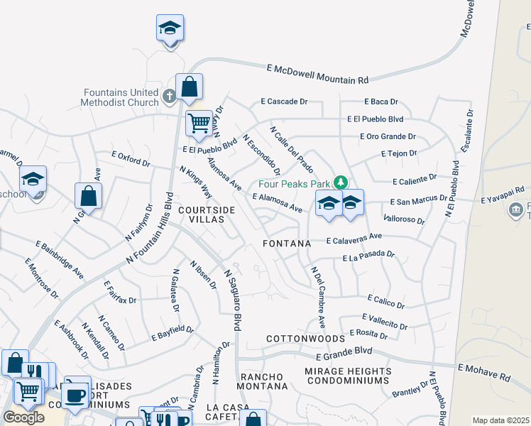 map of restaurants, bars, coffee shops, grocery stores, and more near 17019 East Calle Del Oro in Fountain Hills