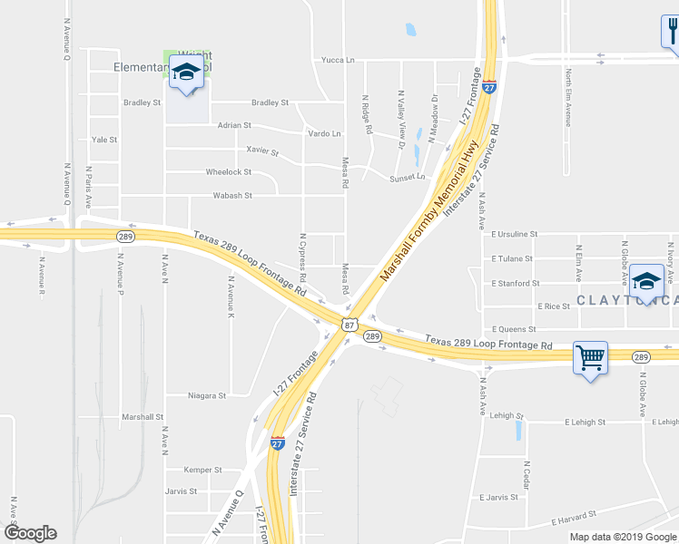 map of restaurants, bars, coffee shops, grocery stores, and more near 1921 Mesa Road in Lubbock