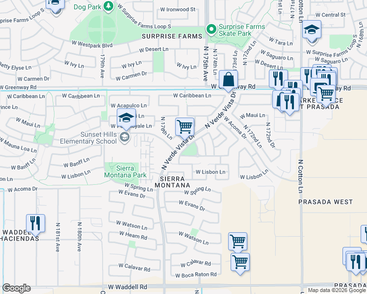 map of restaurants, bars, coffee shops, grocery stores, and more near 17557 West Mauna Loa Lane in Surprise