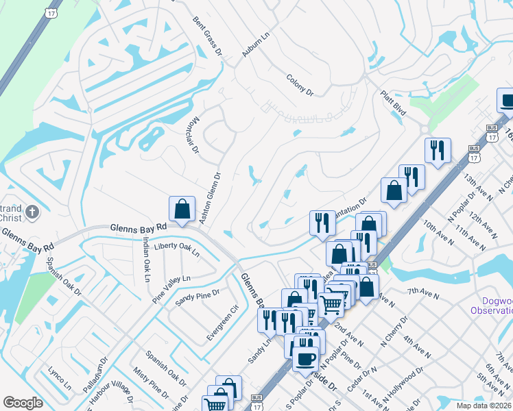 map of restaurants, bars, coffee shops, grocery stores, and more near 924 Plantation Drive in Myrtle Beach