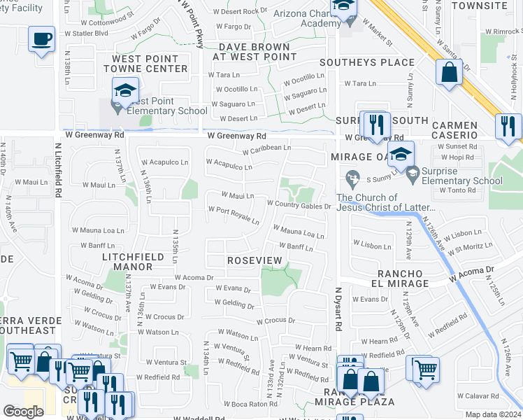 map of restaurants, bars, coffee shops, grocery stores, and more near 14944 North 133rd Drive in Surprise