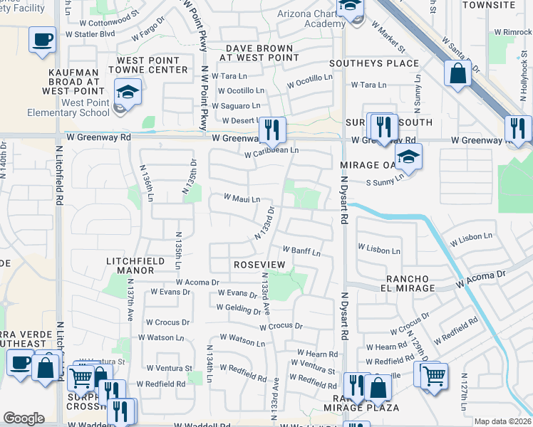 map of restaurants, bars, coffee shops, grocery stores, and more near 14928 North 133rd Drive in Surprise
