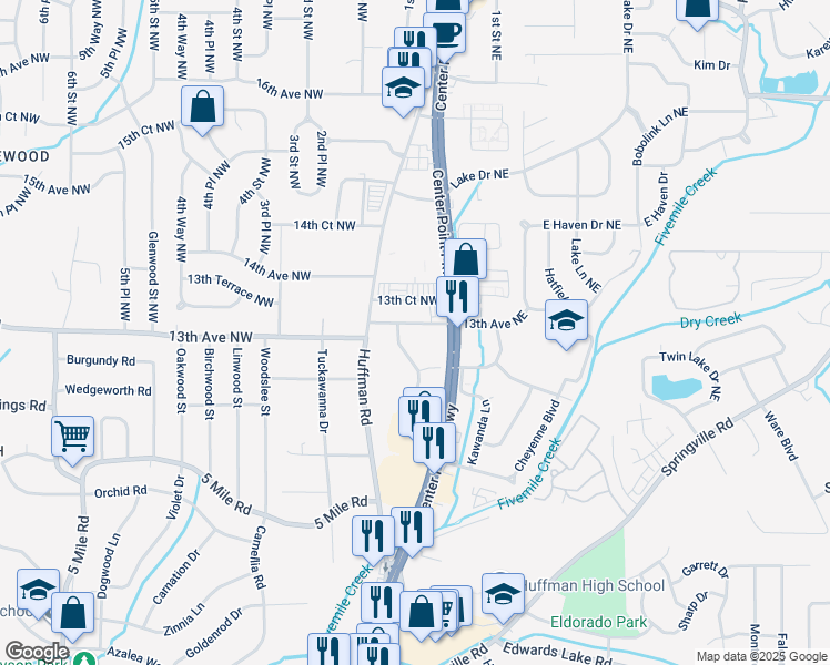 map of restaurants, bars, coffee shops, grocery stores, and more near 121 13th Avenue Northeast in Birmingham