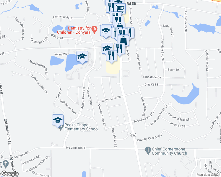 map of restaurants, bars, coffee shops, grocery stores, and more near 2600 Golfview Terrace Southeast in Conyers