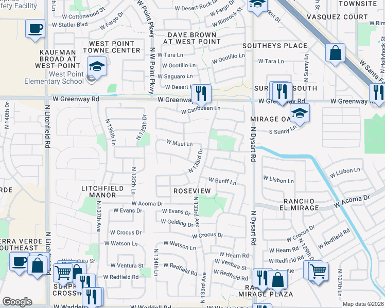 map of restaurants, bars, coffee shops, grocery stores, and more near 14943 North 133rd Lane in Surprise