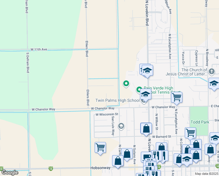 map of restaurants, bars, coffee shops, grocery stores, and more near 11333 Desert Trailways Lane in Blythe