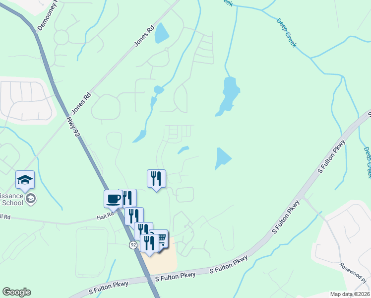 map of restaurants, bars, coffee shops, grocery stores, and more near 5055 Southwood Road in Fairburn