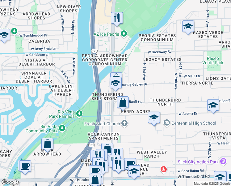 map of restaurants, bars, coffee shops, grocery stores, and more near 14801 North 83rd Avenue in Peoria