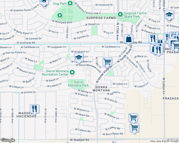 map of restaurants, bars, coffee shops, grocery stores, and more near 14879 North 177th Avenue in Surprise