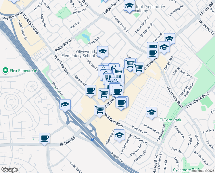 map of restaurants, bars, coffee shops, grocery stores, and more near 23635 Arbor Way in Lake Forest