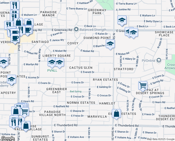 map of restaurants, bars, coffee shops, grocery stores, and more near 5401 East Everett Drive in Scottsdale