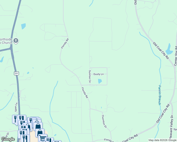 map of restaurants, bars, coffee shops, grocery stores, and more near 141 Dusty Lane in Pell City