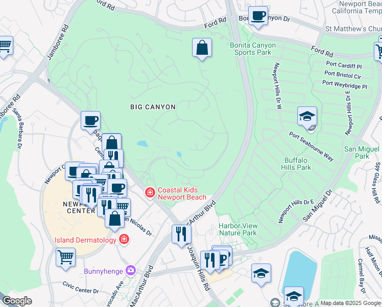 map of restaurants, bars, coffee shops, grocery stores, and more near 8 Cypress Point Lane in Newport Beach