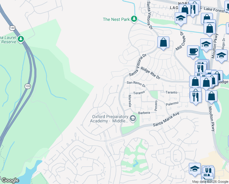 map of restaurants, bars, coffee shops, grocery stores, and more near 5058 Avenida Del Sol in Laguna Woods