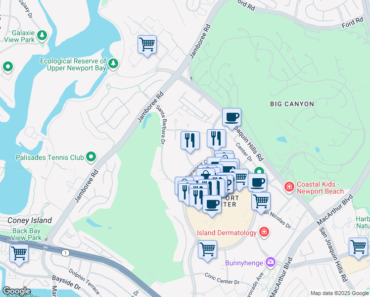 map of restaurants, bars, coffee shops, grocery stores, and more near Santa Maria Road in Newport Beach