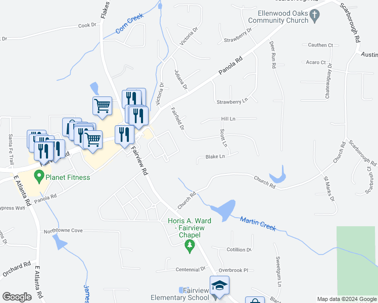 map of restaurants, bars, coffee shops, grocery stores, and more near 180 Blake Lane in Ellenwood