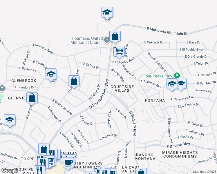 map of restaurants, bars, coffee shops, grocery stores, and more near 14626 North Fountain Hills Boulevard in Fountain Hills