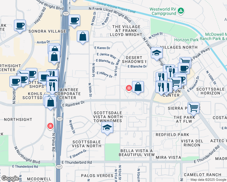 map of restaurants, bars, coffee shops, grocery stores, and more near 9100 East Raintree Drive in Scottsdale