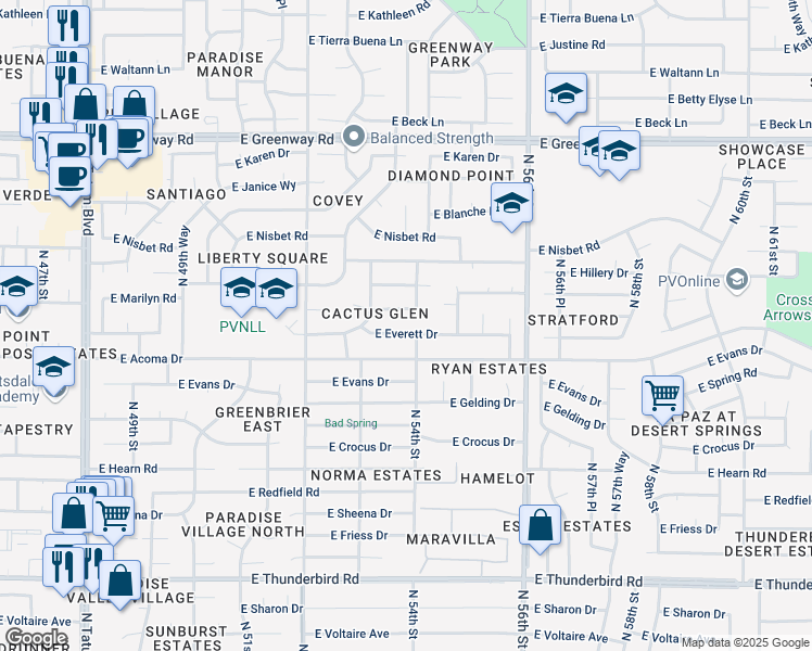 map of restaurants, bars, coffee shops, grocery stores, and more near 5401 East Everett Drive in Scottsdale