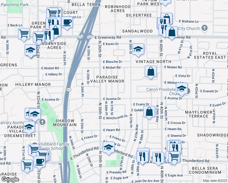 map of restaurants, bars, coffee shops, grocery stores, and more near 3725 East Claire Drive in Phoenix