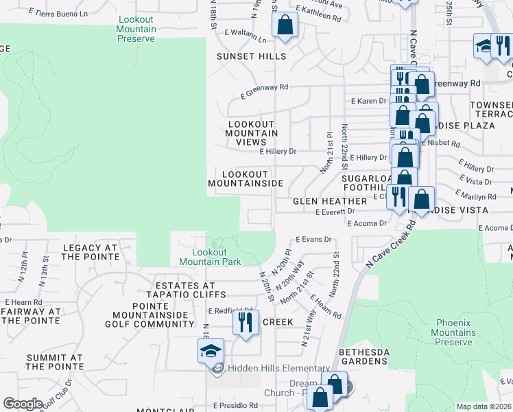 map of restaurants, bars, coffee shops, grocery stores, and more near 1925 East Everett Drive in Phoenix