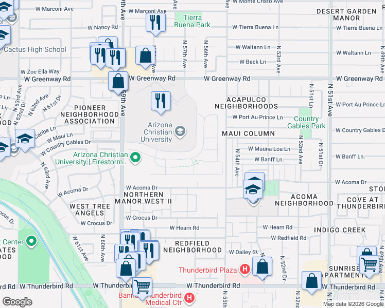 map of restaurants, bars, coffee shops, grocery stores, and more near N 57th Ave in Glendale