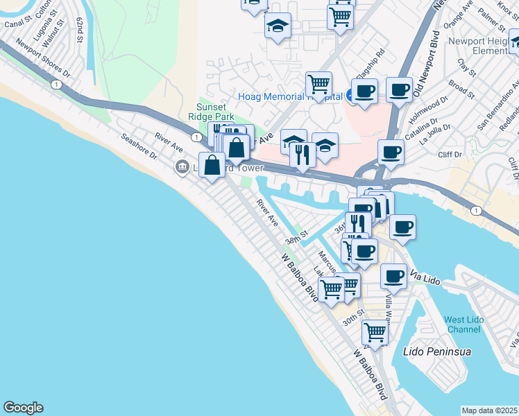 map of restaurants, bars, coffee shops, grocery stores, and more near 212 41st Street in Newport Beach