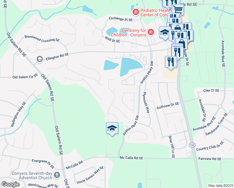 map of restaurants, bars, coffee shops, grocery stores, and more near 3634 Cape Lane Southeast in Conyers