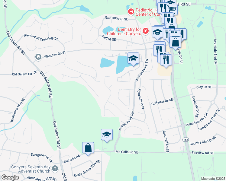 map of restaurants, bars, coffee shops, grocery stores, and more near 3634 Cape Lane Southeast in Conyers