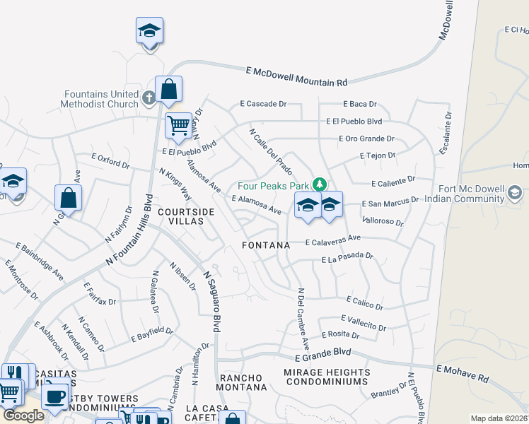 map of restaurants, bars, coffee shops, grocery stores, and more near 17048 East Calle Del Oro in Fountain Hills