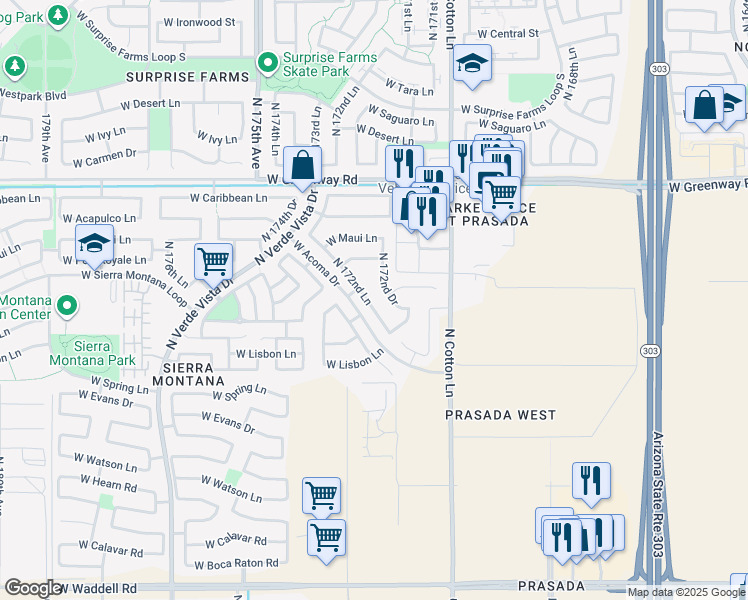 map of restaurants, bars, coffee shops, grocery stores, and more near 14921 North 172nd Lane in Surprise