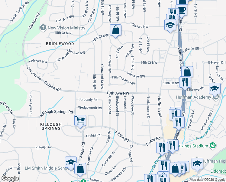map of restaurants, bars, coffee shops, grocery stores, and more near 309 13th Avenue Northwest in Center Point