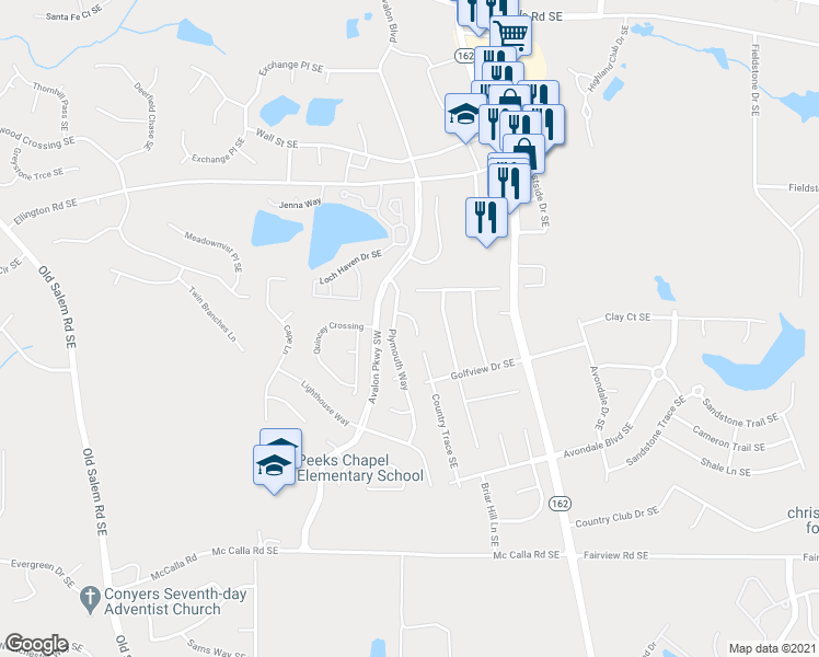 map of restaurants, bars, coffee shops, grocery stores, and more near 2621 Essex Court Southeast in Conyers