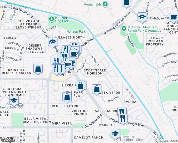 map of restaurants, bars, coffee shops, grocery stores, and more near 14694 North 97th Place in Scottsdale