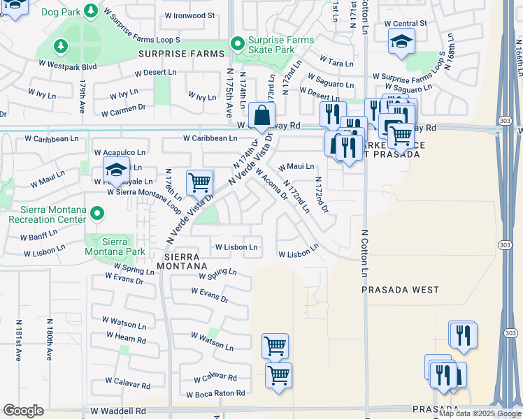 map of restaurants, bars, coffee shops, grocery stores, and more near 17338 West Woodrow Lane in Surprise