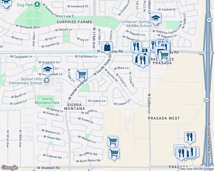 map of restaurants, bars, coffee shops, grocery stores, and more near 14914 North 174th Avenue in Surprise
