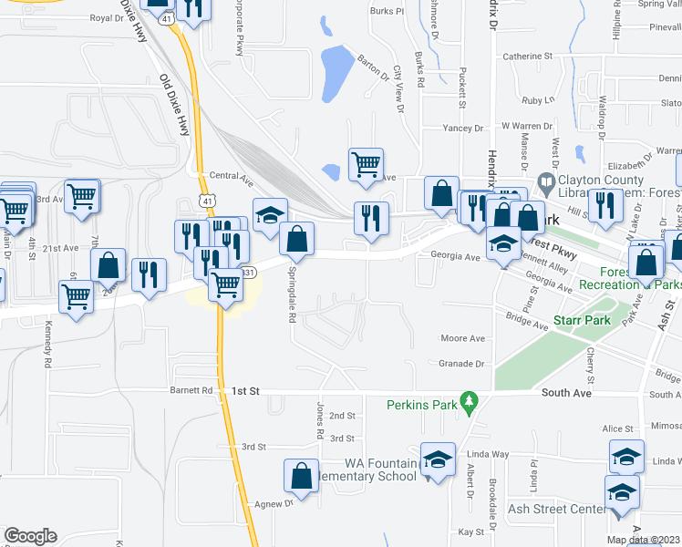 map of restaurants, bars, coffee shops, grocery stores, and more near 363 Forest Parkway in Forest Park