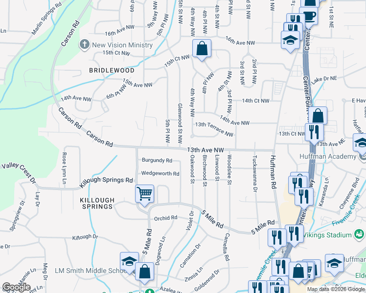 map of restaurants, bars, coffee shops, grocery stores, and more near 1301 Glenwood Street Northwest in Center Point