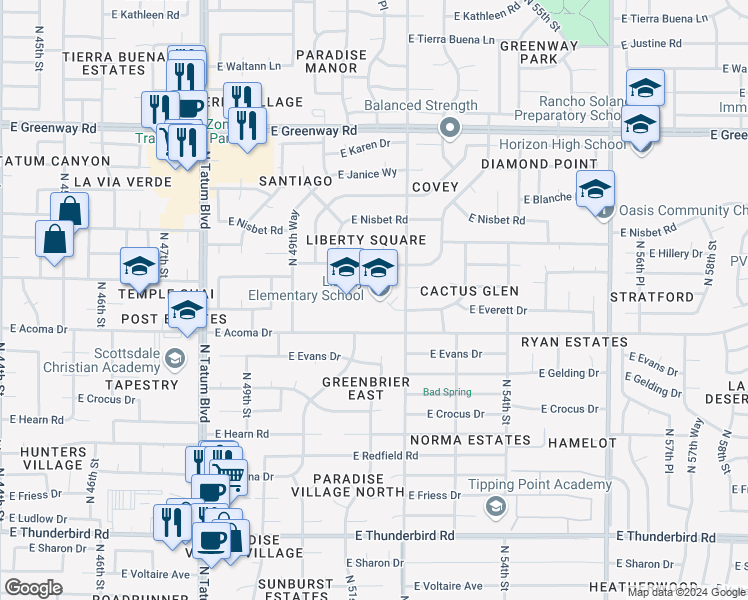 map of restaurants, bars, coffee shops, grocery stores, and more near 5125 East Marilyn Road in Scottsdale