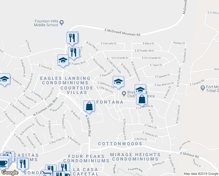 map of restaurants, bars, coffee shops, grocery stores, and more near 17048 East Calle Del Oro in Fountain Hills