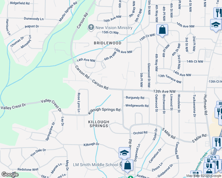 map of restaurants, bars, coffee shops, grocery stores, and more near 1402 Carson Road Northwest in Birmingham