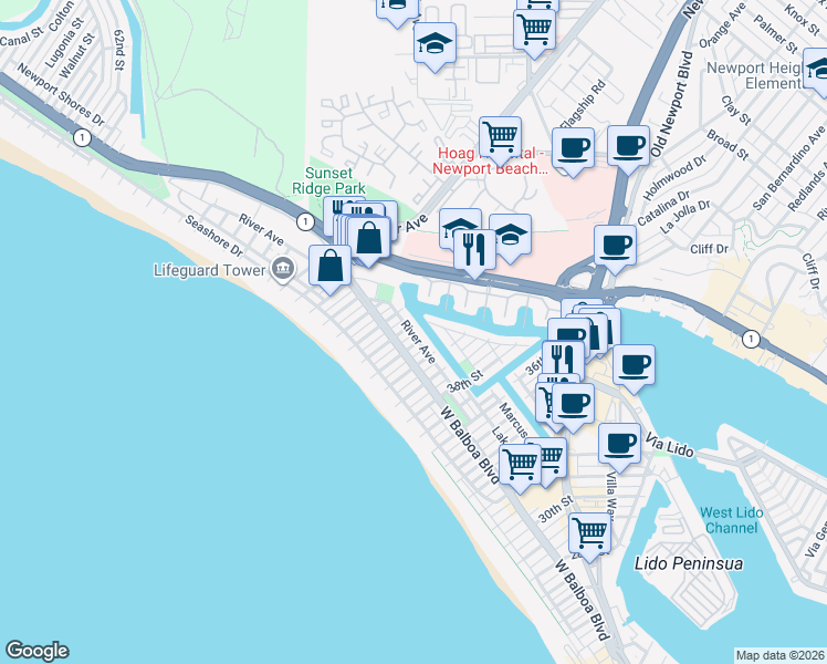 map of restaurants, bars, coffee shops, grocery stores, and more near 4106 River Avenue in Newport Beach
