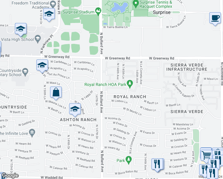 map of restaurants, bars, coffee shops, grocery stores, and more near 14651 West Mauna Loa Lane in Surprise