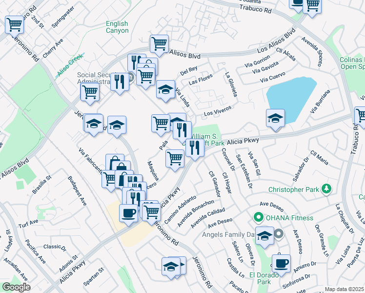 map of restaurants, bars, coffee shops, grocery stores, and more near 23691 Via Linda in Mission Viejo