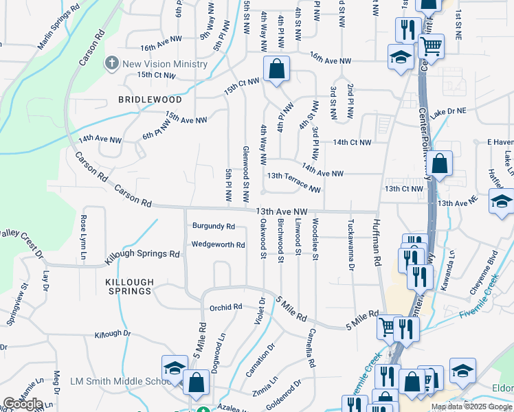 map of restaurants, bars, coffee shops, grocery stores, and more near 320 13th Avenue Northwest in Center Point